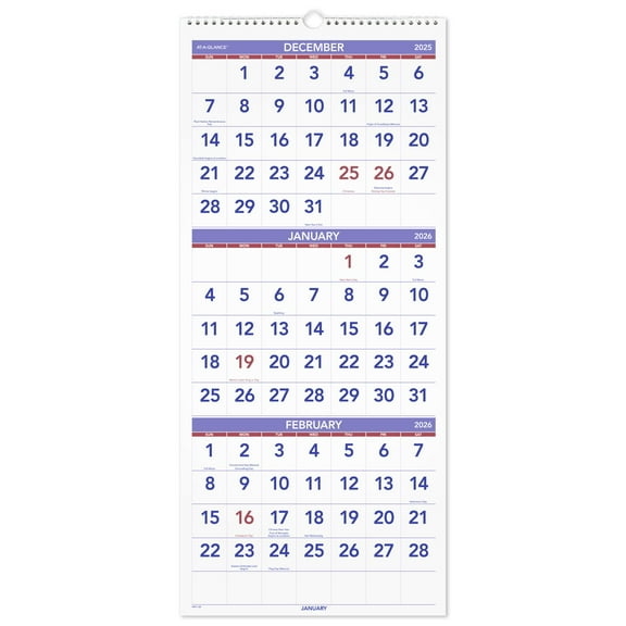 AT-A-GLANCE 2026 Three Month Reference Vertical Wall Calendar Large 12 x 27 -