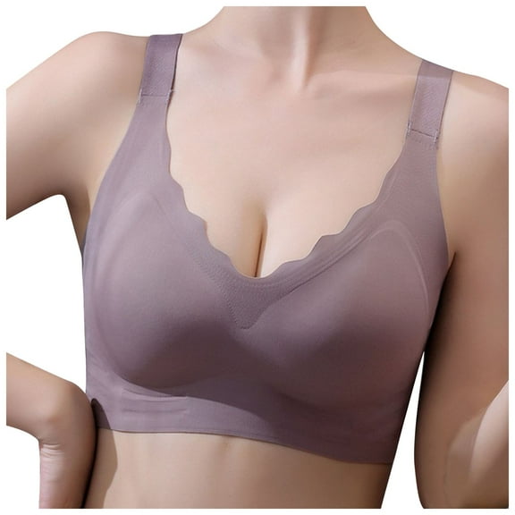 GEWSEY Womens Comfortable Wireless Bras Push Up Seamless Bralettes Soft V Neck Brassiere Scalloped Full Coverage Everyday Bra Coffee, XXL