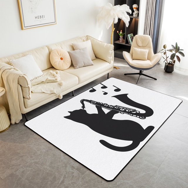 Black Cat 3X5 Rectangular Carpet,Saxophone Music theme Indoor Floor Mat,Musical Notes Area Rug,Black White Decorative Rug Musical Instrument Kids Boys Girls Living Room Rugs