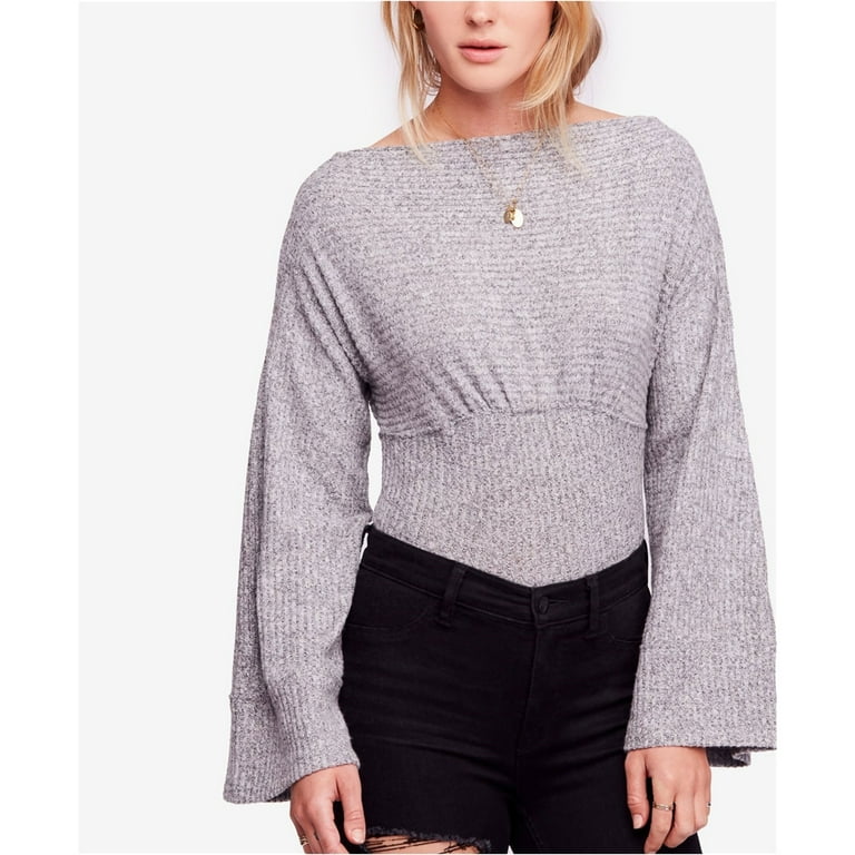 Free People Womens Thermal Crop Top Pullover Sweater Grey Medium