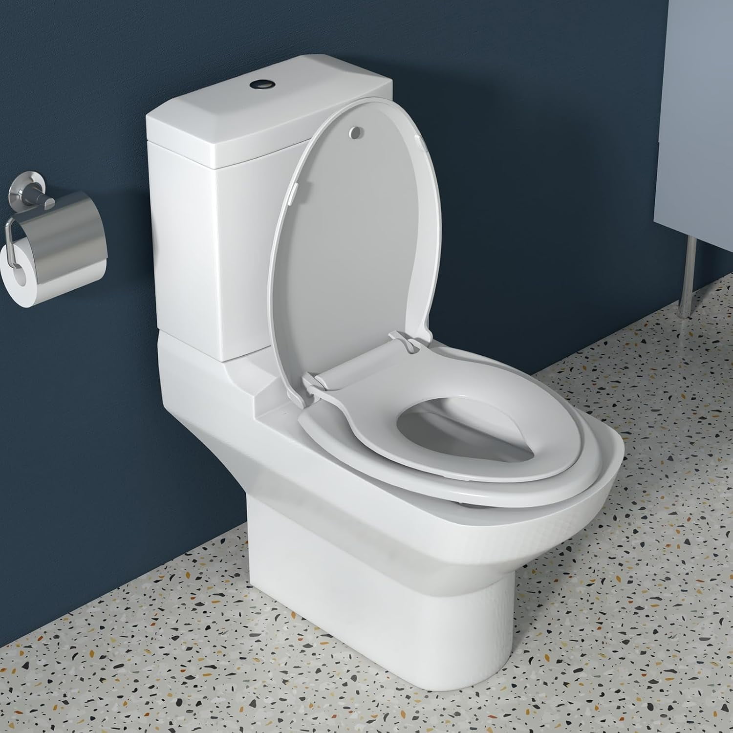 19" Elongated Toilet Seat with Built-In Potty Training Seat, Soft Quiet-Close Lid with Non-Slip Design, Magnetic Kids Seat in White, Easy to Install and Clean