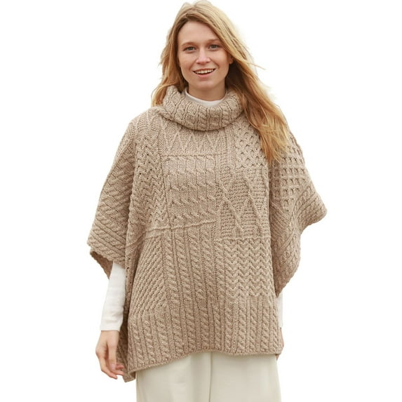Aran Woollen Mills Patchwork Knitted Cape 100% Premium Soft Merino Wool Cowl Neck Women`s Poncho Made in Ireland | One Size