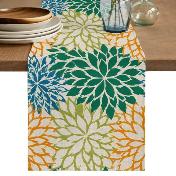 Table Runners 120 Inches Long Dress Scarves, Green Orange Blue Flowers Farmhouse Coffee/Dining/Kitchen Table Decor Table Runner for Living Room, Botanical Budding Floral 13x120 Inch