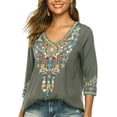 thumbnail image 3 of Mexican Embroidered Shirts for Women Boho Tops and Blouses 3/4 Sleeve Bohemian Peasant Summer Fall Tunic Top, 3 of 7
