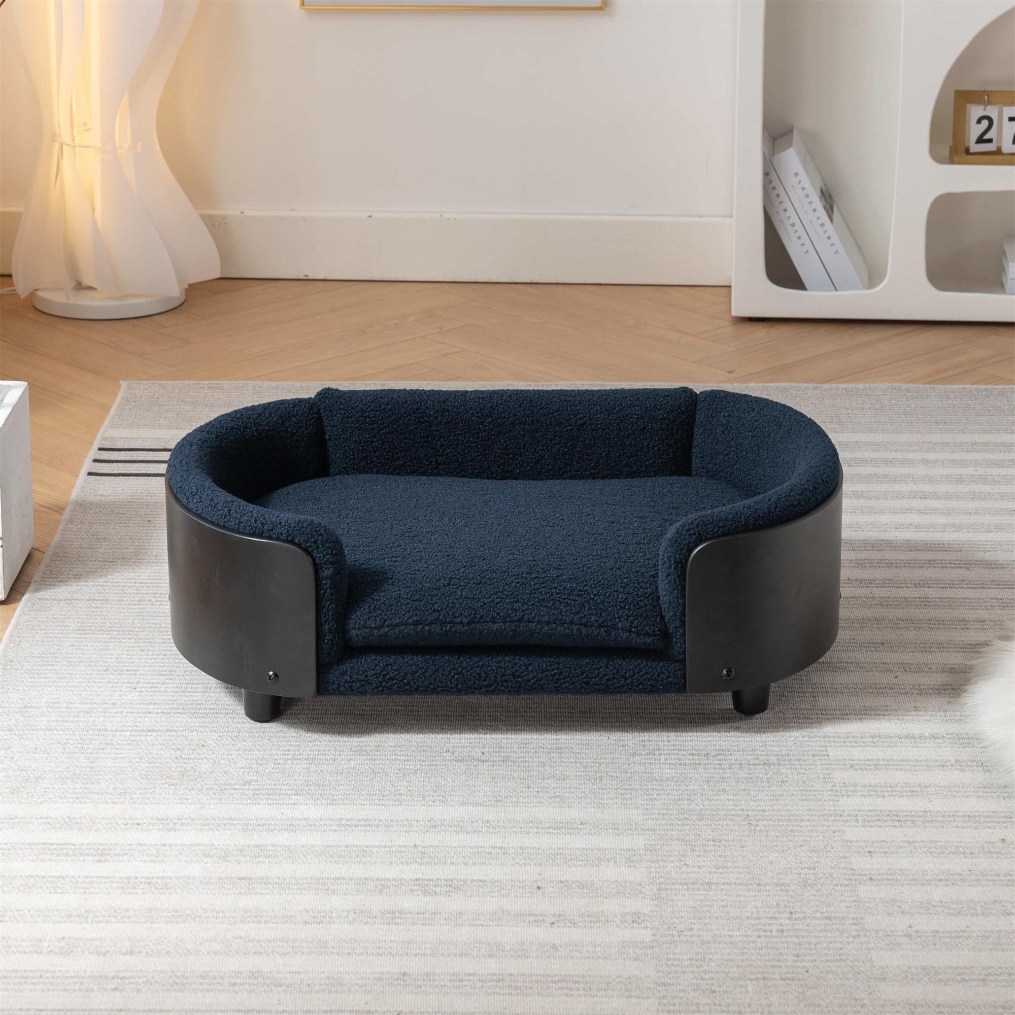Pefilos 30" Pet Sofa for Indoors Dogs, Cat and Dog Bed with Solid Wood Legs and Black Bent Wood Back, Cashmere Cushion, Blue Pefilos 30" Pet Sofa for Indoors Dogs, Cat and Dog Bed with Solid Wood Legs and Black Bent Wood Back, Cashmere Cushion, Blue