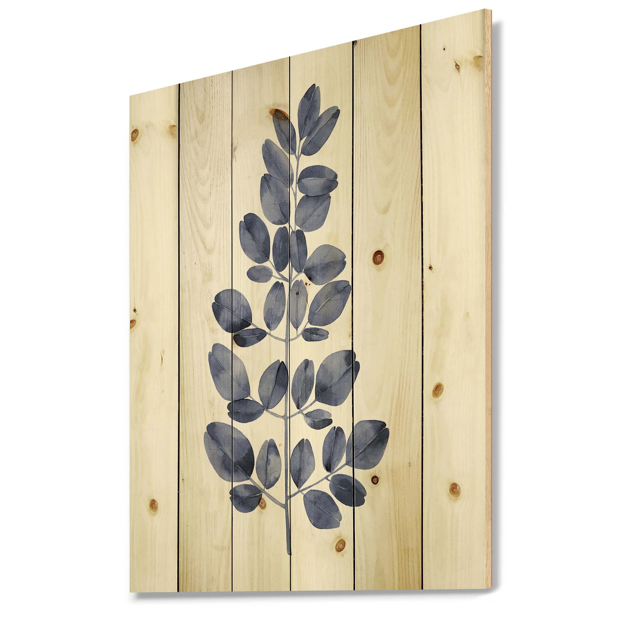 Designart 'Navy Blue Eucalyptus On White' Traditional Print on Natural Pine Wood