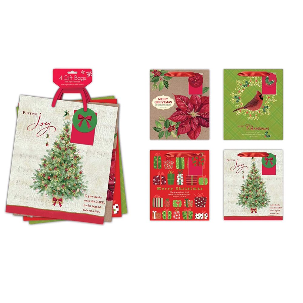 4 Count Christmas Large Gift Bags with Tissue, Religious Gift Bags w