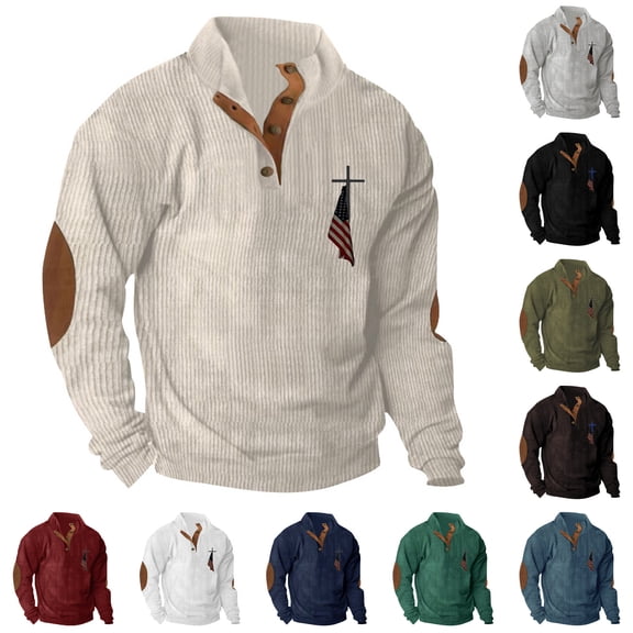 Men's Flag Print Stand Collar Quarter-Zip Sweatshirt, Casual Outdoor Button Placket Pullover Top, Spring Fall Patriotic Style,Army Green,L