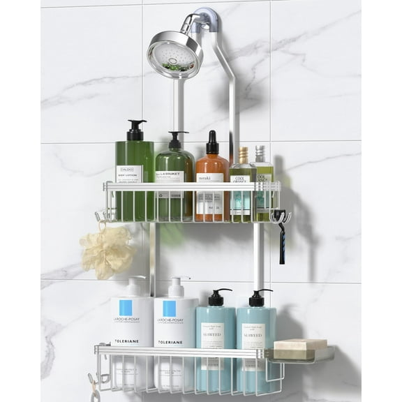 Hanging Shower Organizer, 2 Shelf Shower Caddy with Removable Hooks, Never Rust Aluminum Bathroom Storage for Master Bath and Guest Bath, Bright Silver