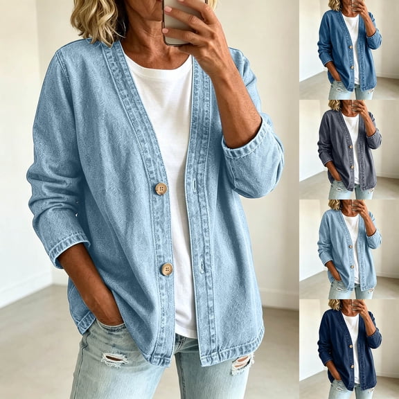 CAIXIA Womens Jean Jacket Classic Long Sleeve Button Down Denim Cardigan V Neck Collarless Denim Jacket