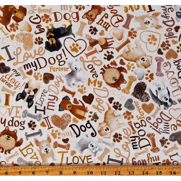Cotton Tossed Dogs & Words I Love My Dog Pets Bones Paw Prints Hearts Cream Cotton Fabric Print by the Yard (DOG-CD3317-CREAM)