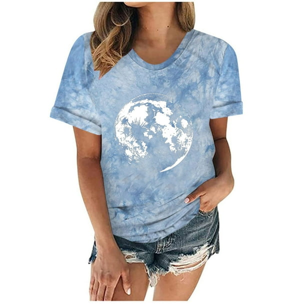 Camiseta con estampado de sol y luna para mujer, camiseta de manga corta con cuello redondo, camiseta informal divertida y bonita para chica adolescente OAVQHLG3B Store lin121212