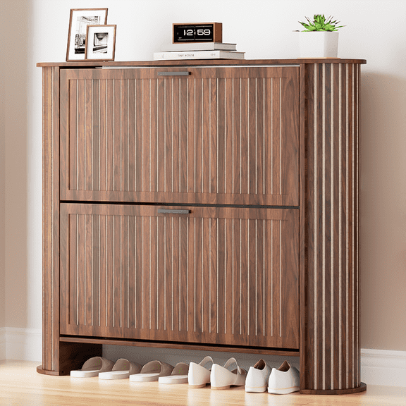 Fluted Shoe Storage Cabinet with 2 Flip Drawers, Narrow Shoe Rack Cabinet Organizer with Adjustable & Removable Shelves, Hidden Shoe Cabinet for Entryway, Foyer, Hallway, Walnut