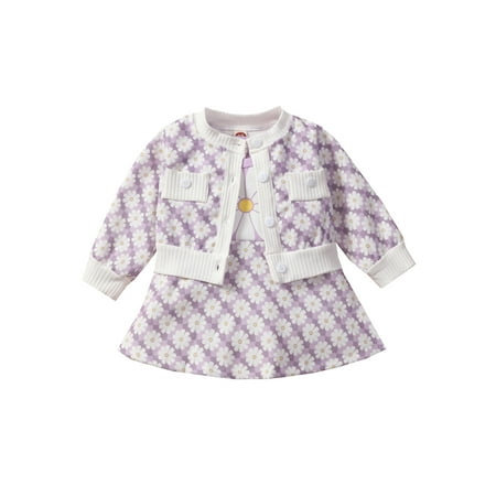 

Sunisery 2Pcs Newborn Infant Baby Girls Outfits Long Sleeve Plaids Daisy Print Cardigan Coat + Sleeveless Tutu Dress Set Purple 18-24 Months