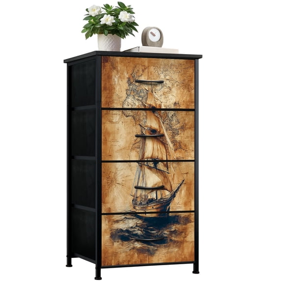 Dresser for Bedroom with 4 Storage Drawers Vintage Sailing Ship Antique World Map Parchment Dressers Chest of Drawers Steel Framed Fabric Closet Organizers for Dorm Entryway