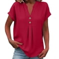 thumbnail image 2 of Women's Short Sleeve Button Down Shirt Blouse Tops Solid Color Loose Fit Crewneck Casual Daily Wear Work Office Vacation Fashion Essential Gift for Women | Sopatenor,Red XL, 2 of 7