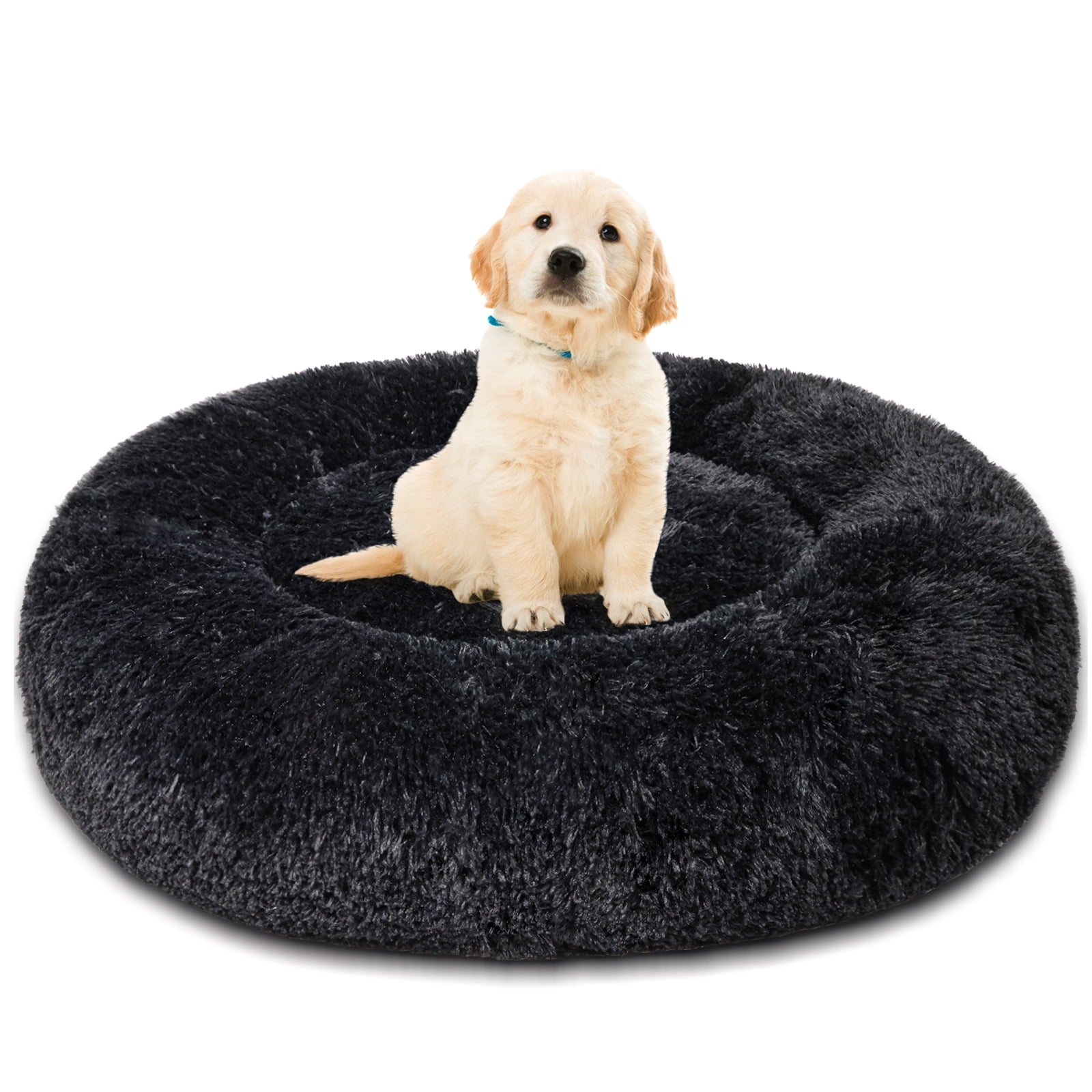 Exclusivo Mezcla Calming Donut Pet Bed for Medium Dogs 24", Anti-Anxiety Plush Cozy Warming Dog Bed, Black