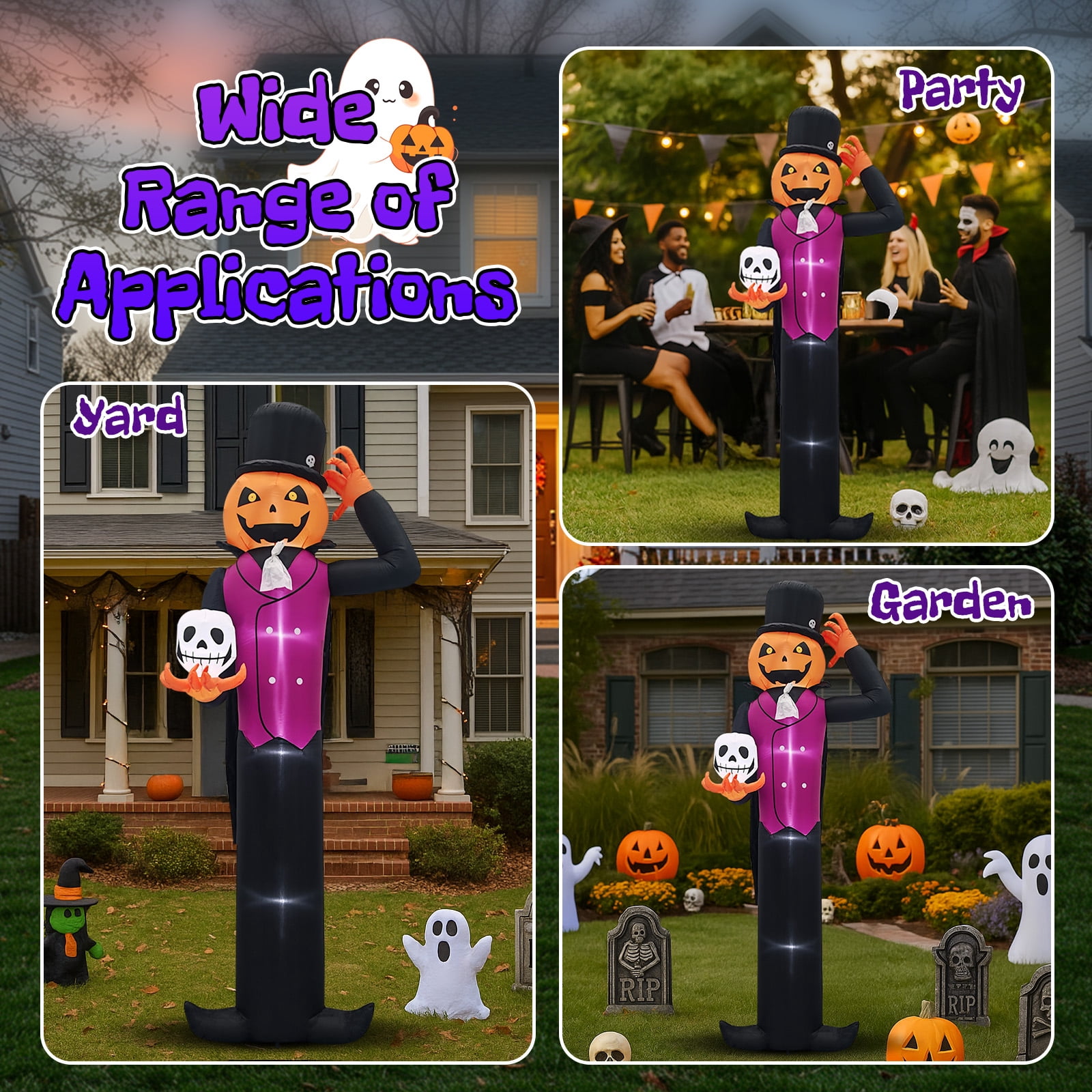 Astoutdoor 12 ft Halloween Inflatable Pumpkin Man Holding Skull with Built-in White LEDs