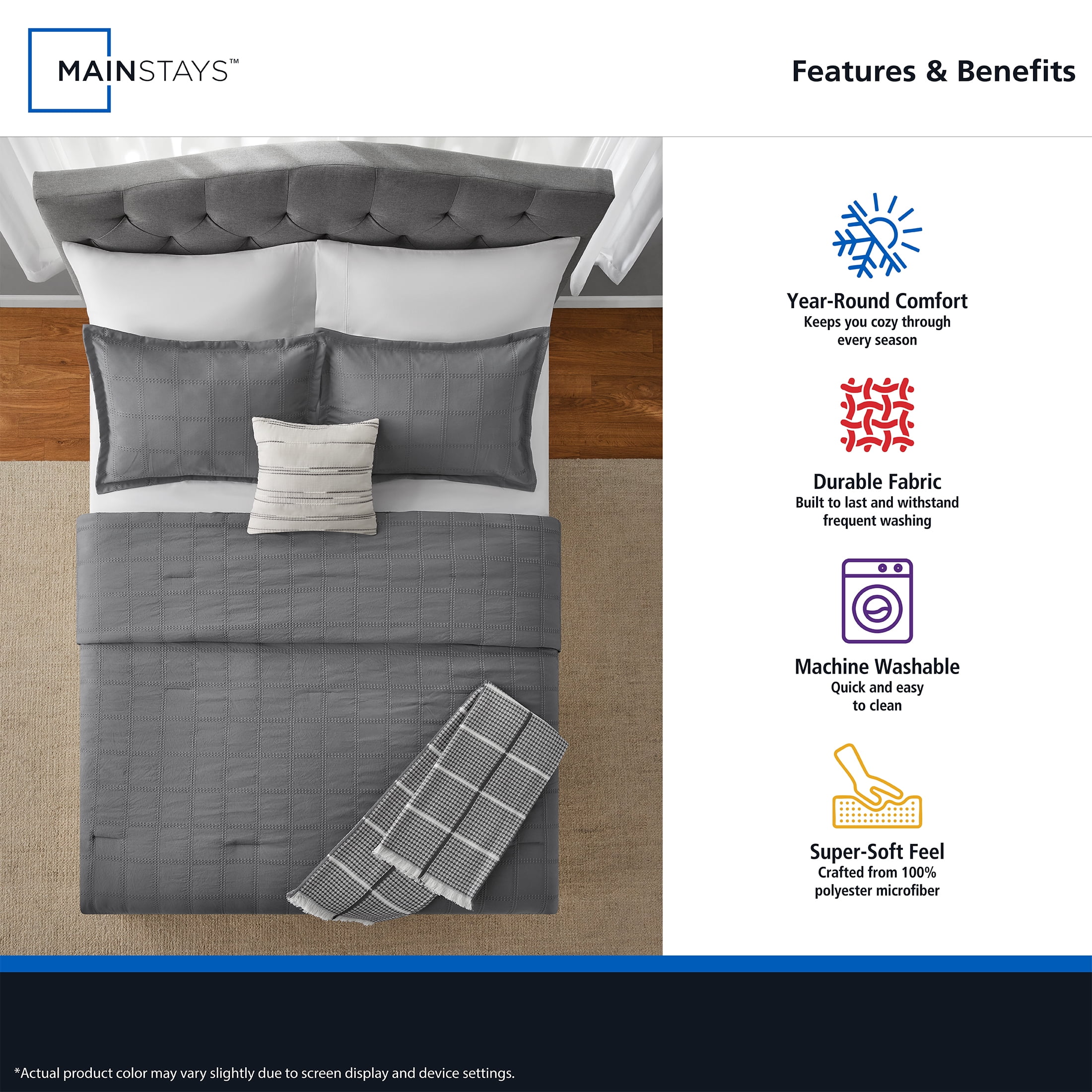 Mainstays Waffle Check 4-Piece Grey Comforter Set, Twin/Twin XL