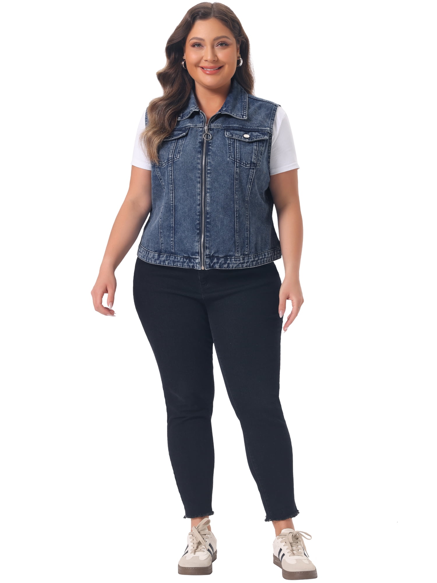 DARING DIVA Women's Plus Size Sleeveless Zip Up Button Down Jeans Vest 3X Washed Blue