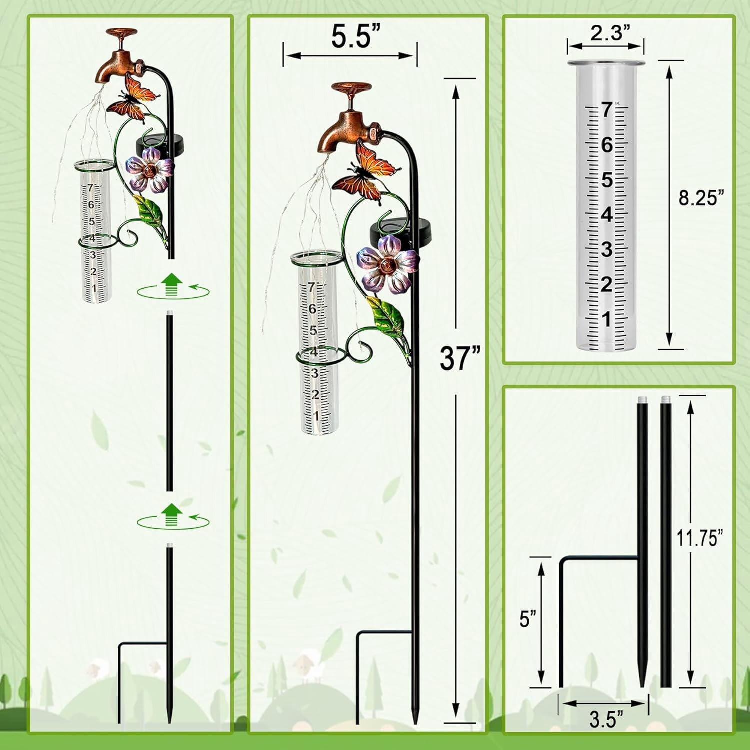 32" Garden Rain Gauge with Thermometer - 7" Glass Tube for Outdoor Indoor Use, Patio Yard Decor Statue