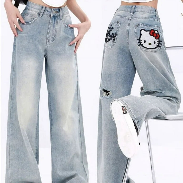 New Sanrio Hello Kitty Jeans Kawaii Woman High Waist Blue