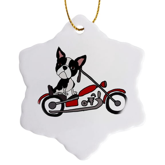 3drose, Funny Cute Boston Terrier Dog Riding Motorcycle, 3 inch Snowflake Porcelain Ornament