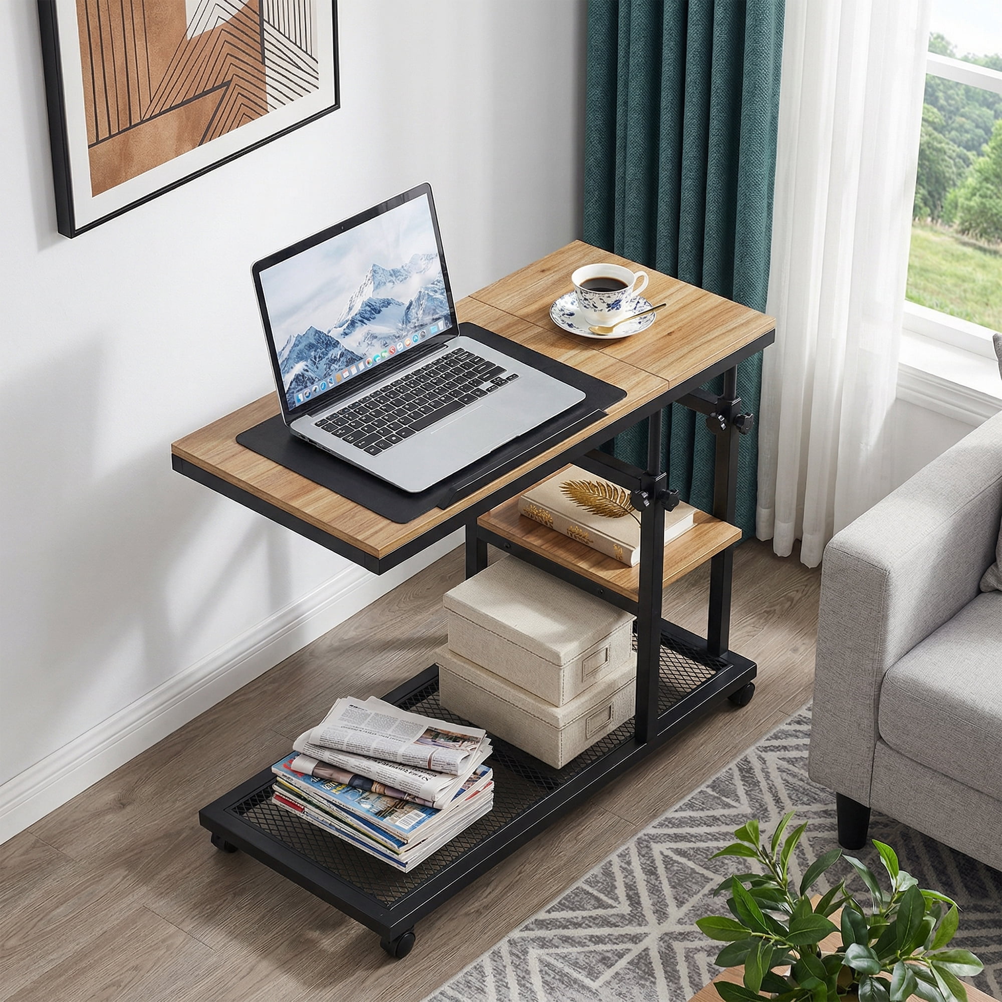 MAYEETY Height Adjustable C Table with Wheels Tiltable Top 2-Tier Sofa Snack Side Table