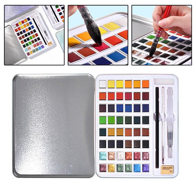 conjunto de pintura de acuarela profesion, de para primera , portátil para artistas principiantes paint 12 nacarado + 36 perfecl pintura de acuarela Estuche metálico abierto, vista cenital frontal de paleta con 48 pastillas (12 nacarados y 36 tonos sólidos), incluye pincel de agua y aplicador plástico, rejillas de 2×1.8 cm, portable para aula y uso artístico; a menudo se usa también para manualidades y pintura de miniaturas.