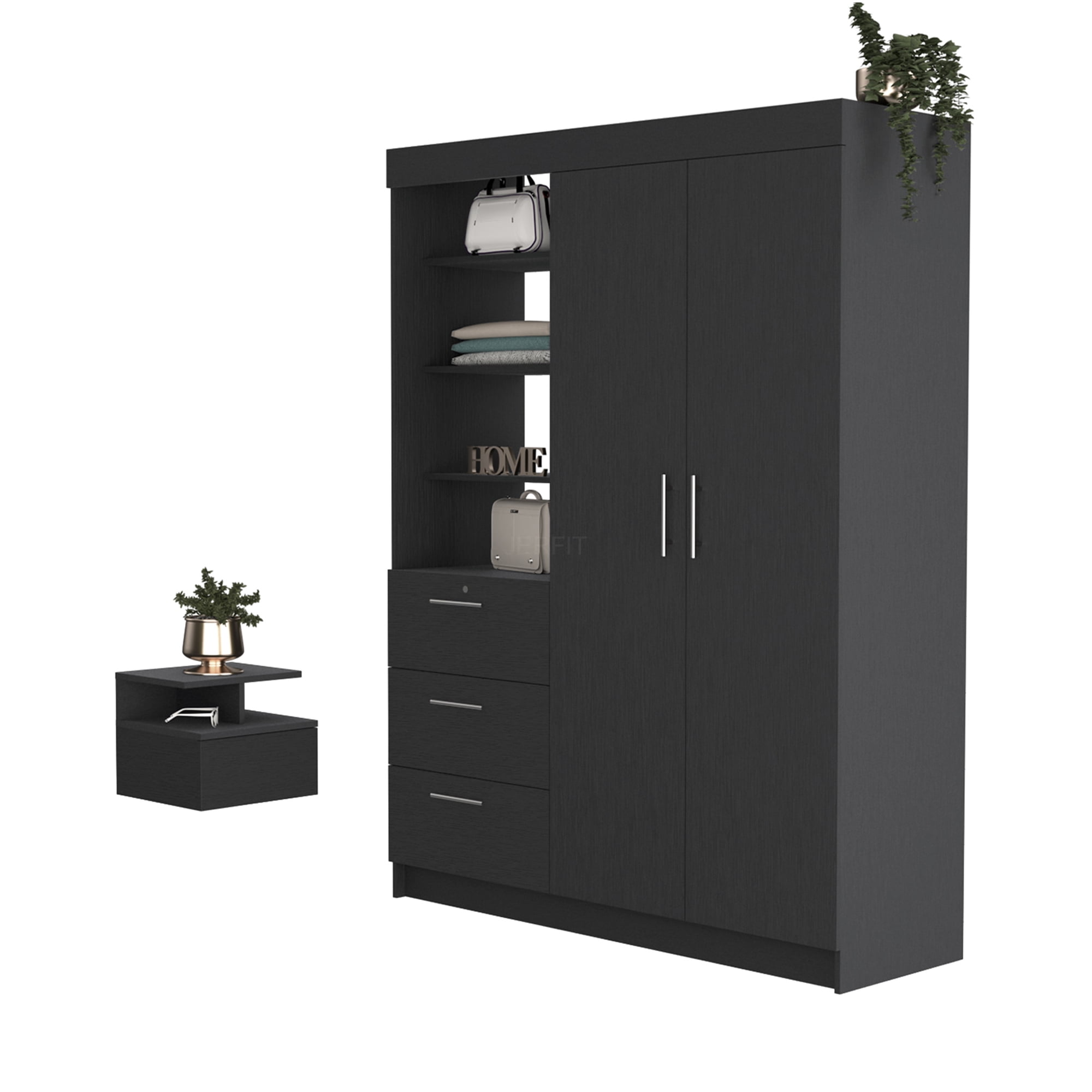 JERFIT 2-Piece Modern Bedroom Set with Armoire and Floating Nightstand Black Engineered Wood Storage Furniture