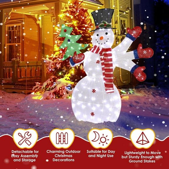 Glowing Snowman Christmas Yard Decoration, Pre-assembled 2D Snowman Waving Hands, with 170 LED Warm White Lights and Light Stakes, Suitable for Christmas, Outdoor, Holiday Indoor Decoration