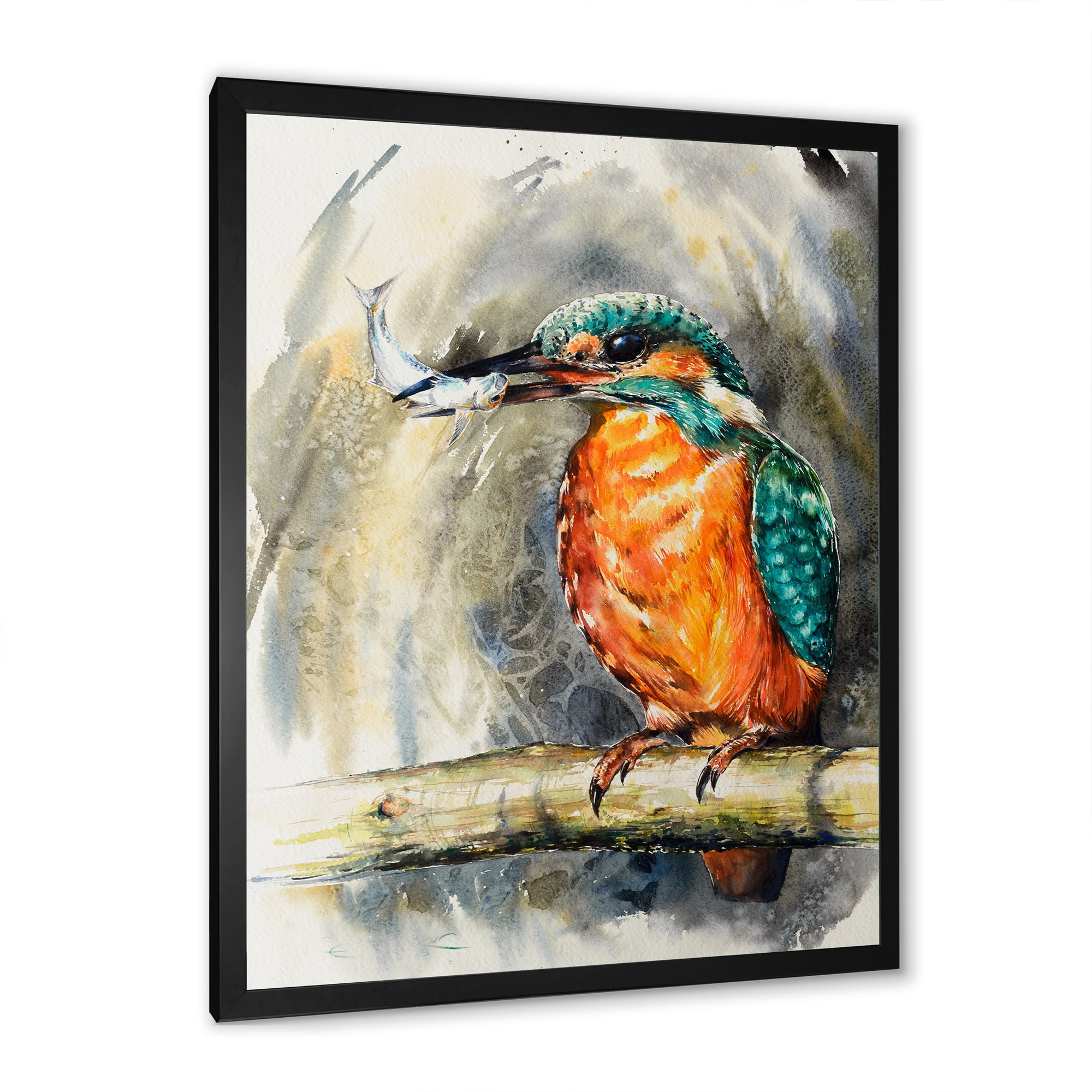 Designart 'Common Kingfisher On Branch Eating A Small Fish' Traditional Framed Art Print