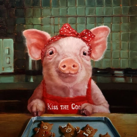 Pig Line Art Gingerbread Pigs Farmhouse Style Animal Portrait Painting of Pig Cooking in Kitchen Print Wall Art By Lucia Heffernan ()