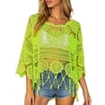 thumbnail image 2 of Crochet Tops for Women Summer Lightweight Hollow Out Beach Cover Up Solid Color Swimsuit Coverup 3/4 Sleeve Boho Fringe Trim Vacation Sun Shirts, 2 of 6