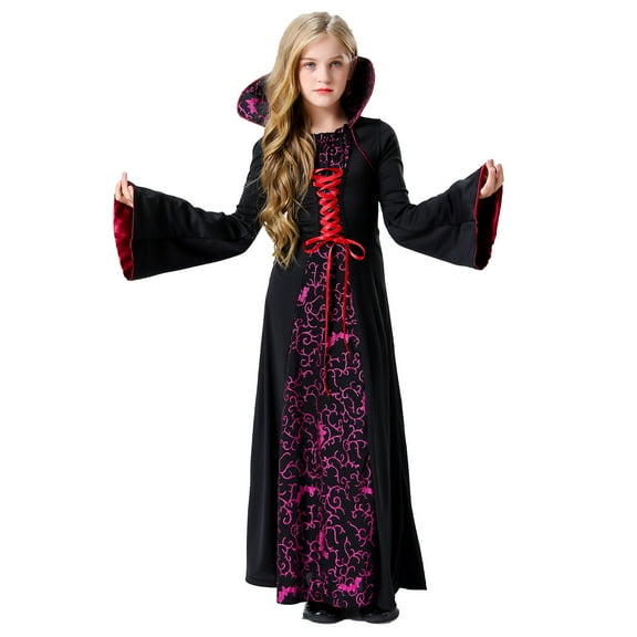 Odeerbi Girls Dresses Little Girls Clothes Kids Halloween Medieval Style Court Attire Witch Sorceress Party Dresseses Black 8-9 Years