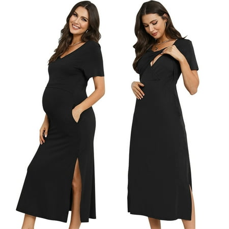 

KOGYAS Women s Split Long Maternity Dress Short Sleeve Ruched Pregnancy Clothes