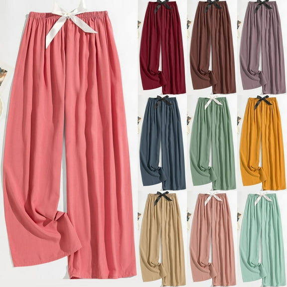 Stylish Olyvenn Women Casual High Waist Wide Leg Pants Summer Solid Boho Long Palazzo Pants Loose fit Comfy Lounge Beach Trousers Purple Free Size