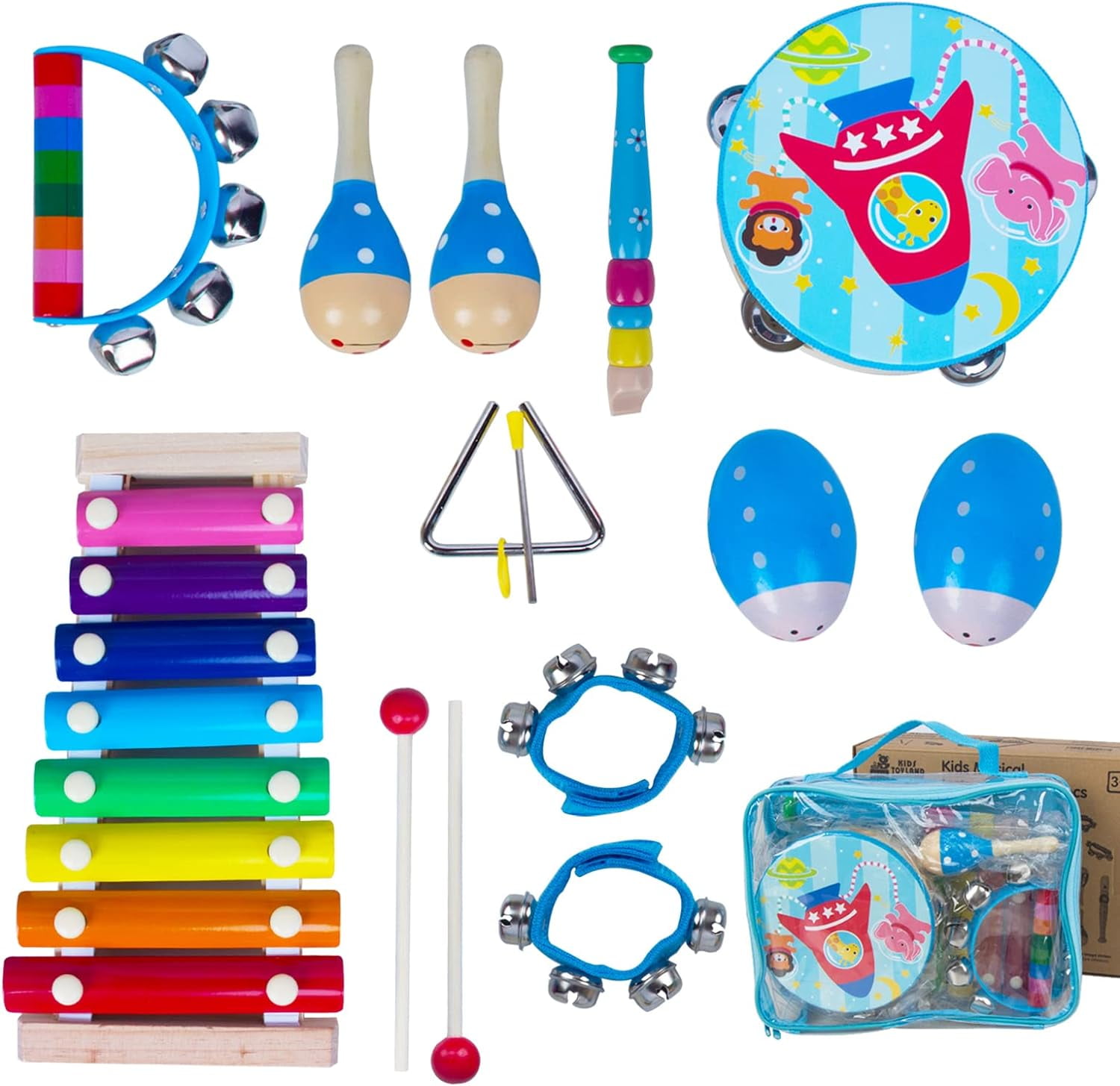 WoodenEdu Wooden Musical Instruments Set for Toddlers 1-3, Natural Wood Percussion Instruments Xylophone Gift Set for Girls Boys Kids ,Preschool Educational Musical Toys with Storage Bag (Blue)
