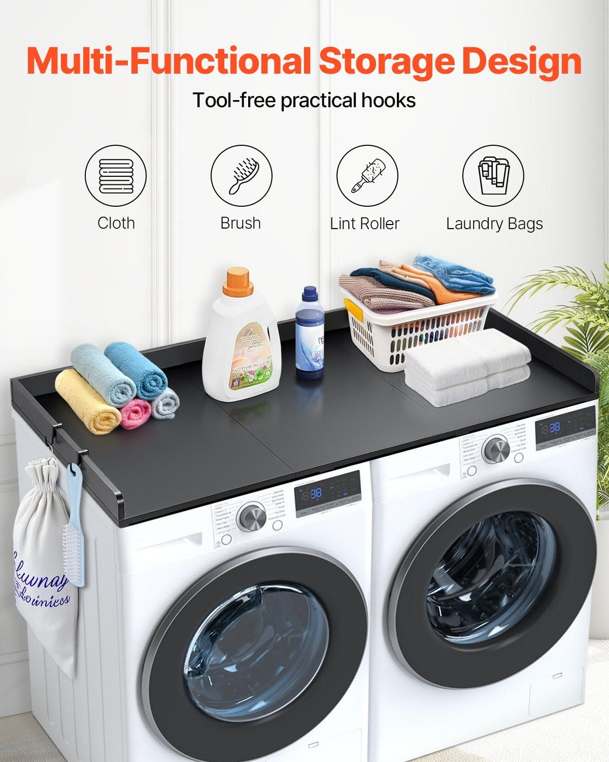 Washer Dryer Countertop 54" Width, 27.5" Depth - Laundry Room Wood Top with Edge Rails (Black)