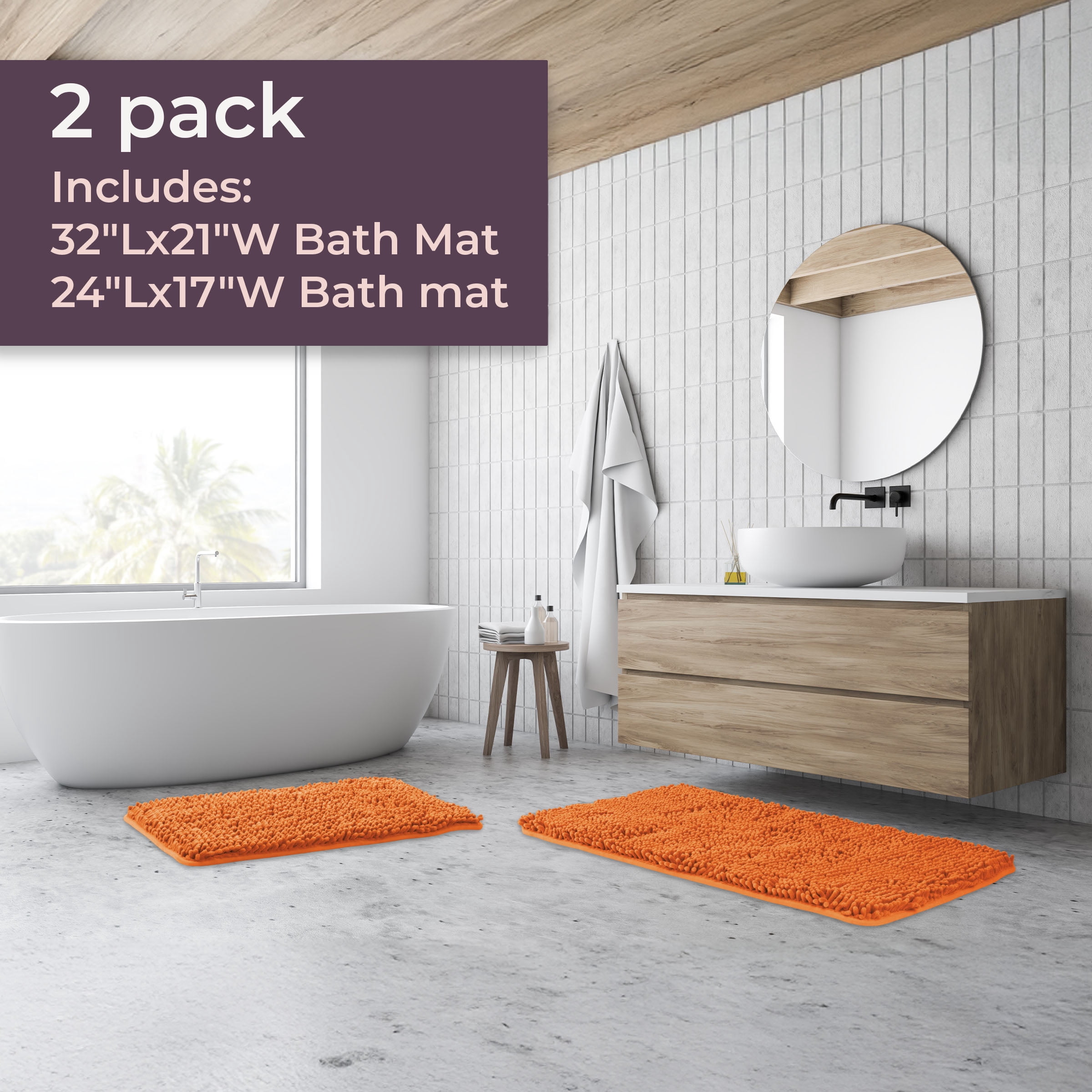 Lavish Home 2-Piece Memory Foam Bath Mat Set with Non-Slip Base (Orange)