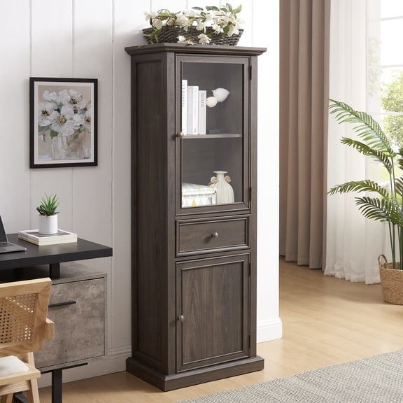 65" Tall Bathroom Storage Cabinet, Kitchen Pantry Cupboard with Glass Doors and Shelves, Versatile Freestanding Sideboard with 1 Drawer for Bathroom, Living Room, Brown