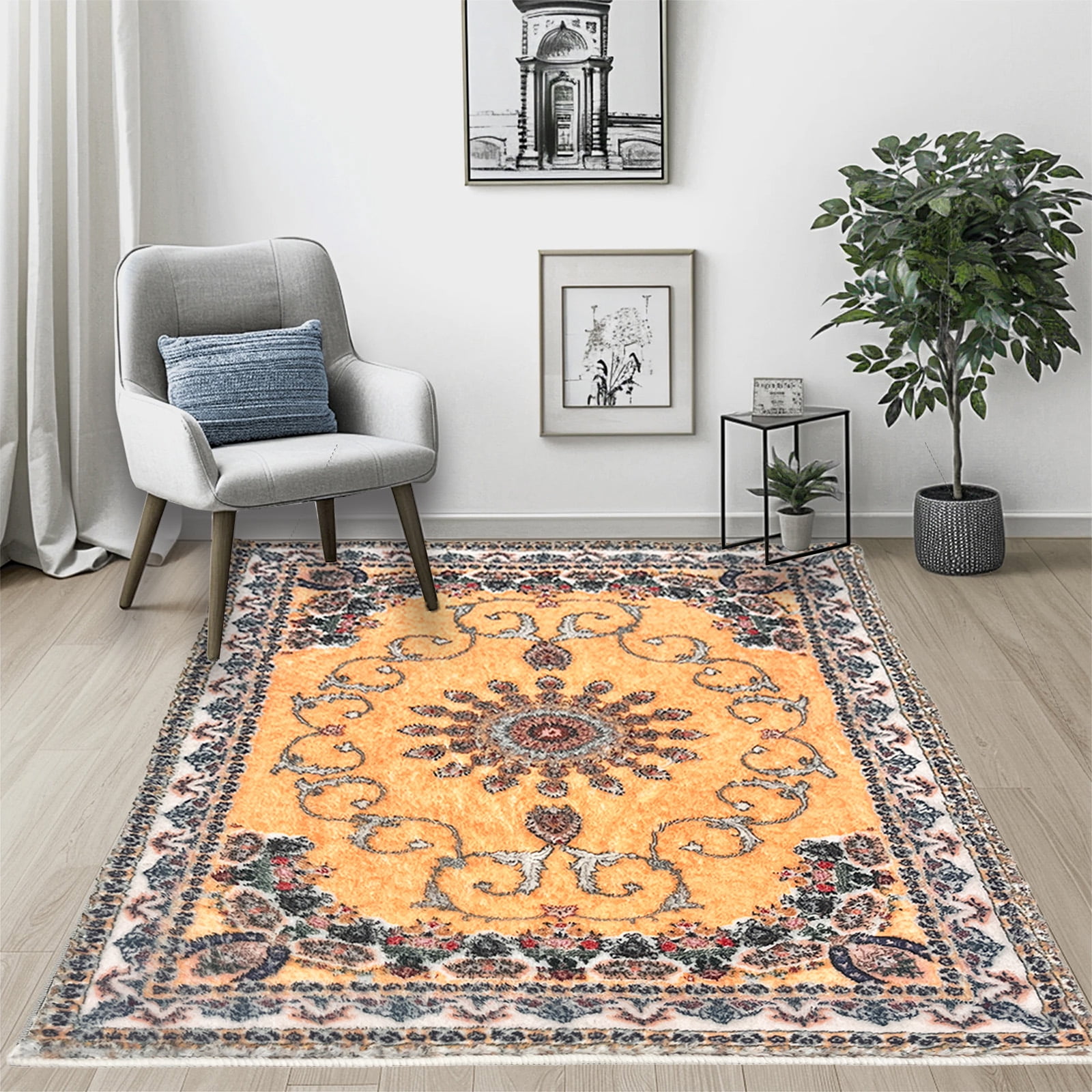 SUSUZI 5.3' x 7.5' Area Rug Boho Living Room Rug, Washable Low Pile Non Slip Carpet for Bedroom, Dining Room, Retro Area Rug Indoor