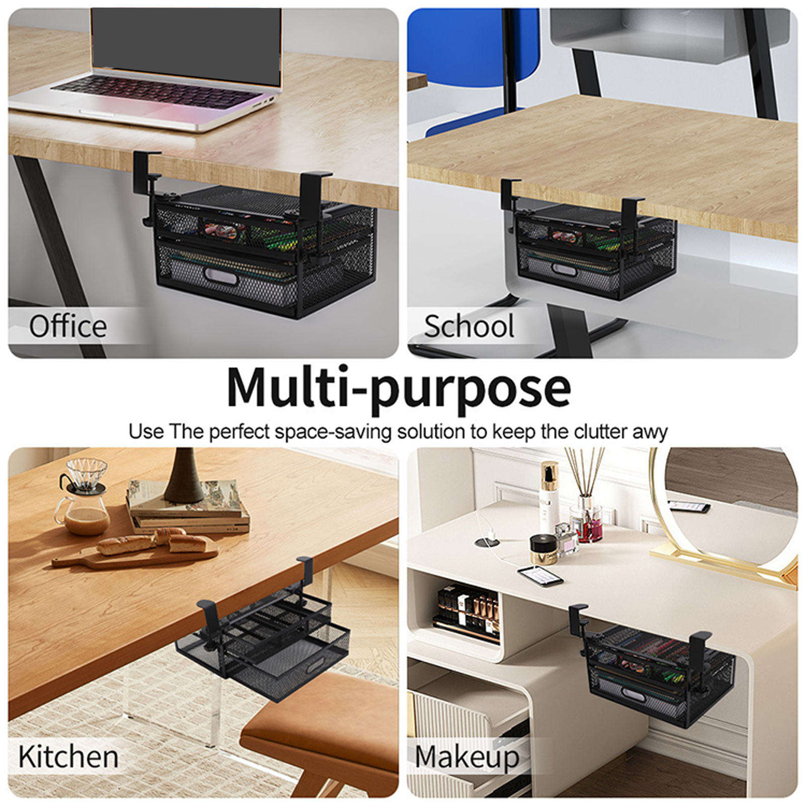 Under Desk Organiser with 2 Sliding Drawers Multifunctional Double Layer Storage Rack Space Saving Two Tiers Basket