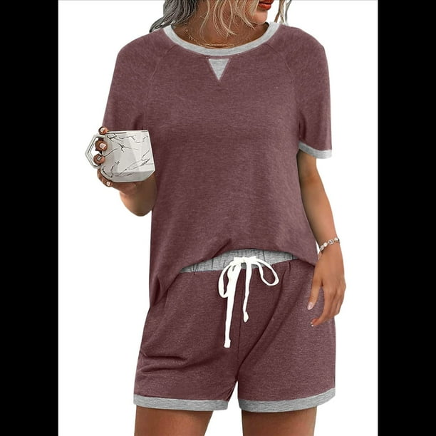 Conjunto de 2 Piezas para Mujer, Ropa de Estar por Casa, Top y Pantalones Cortos de Corta con Bloques de Color, Ropa de Verano 2025, Rojo Oscuro, Talla M