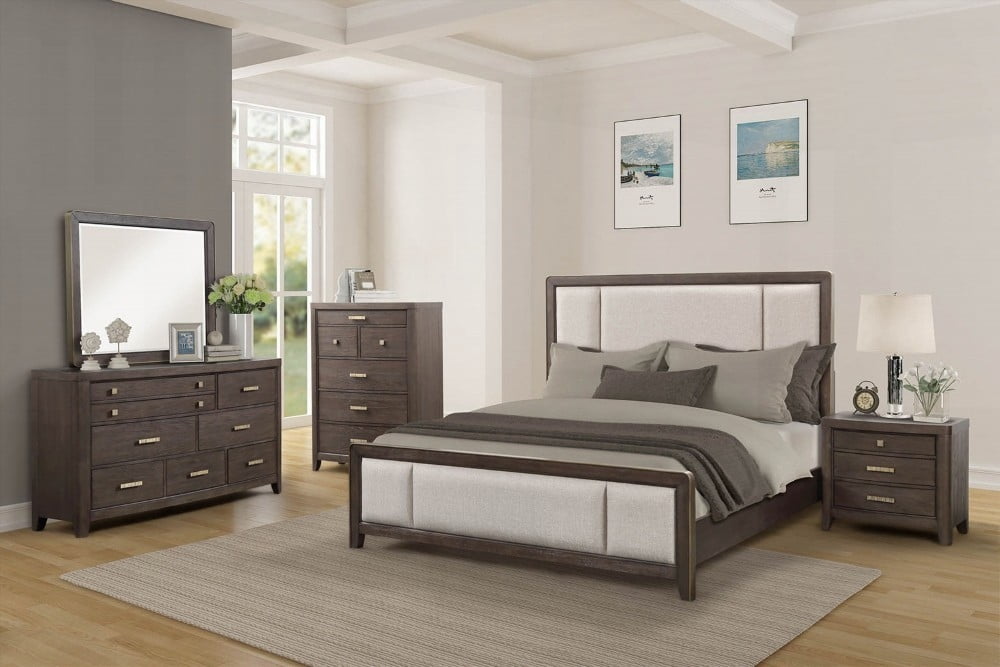 King Size Solid Wood Platform Bed Frame with Antique Brown Finish for Bedroom