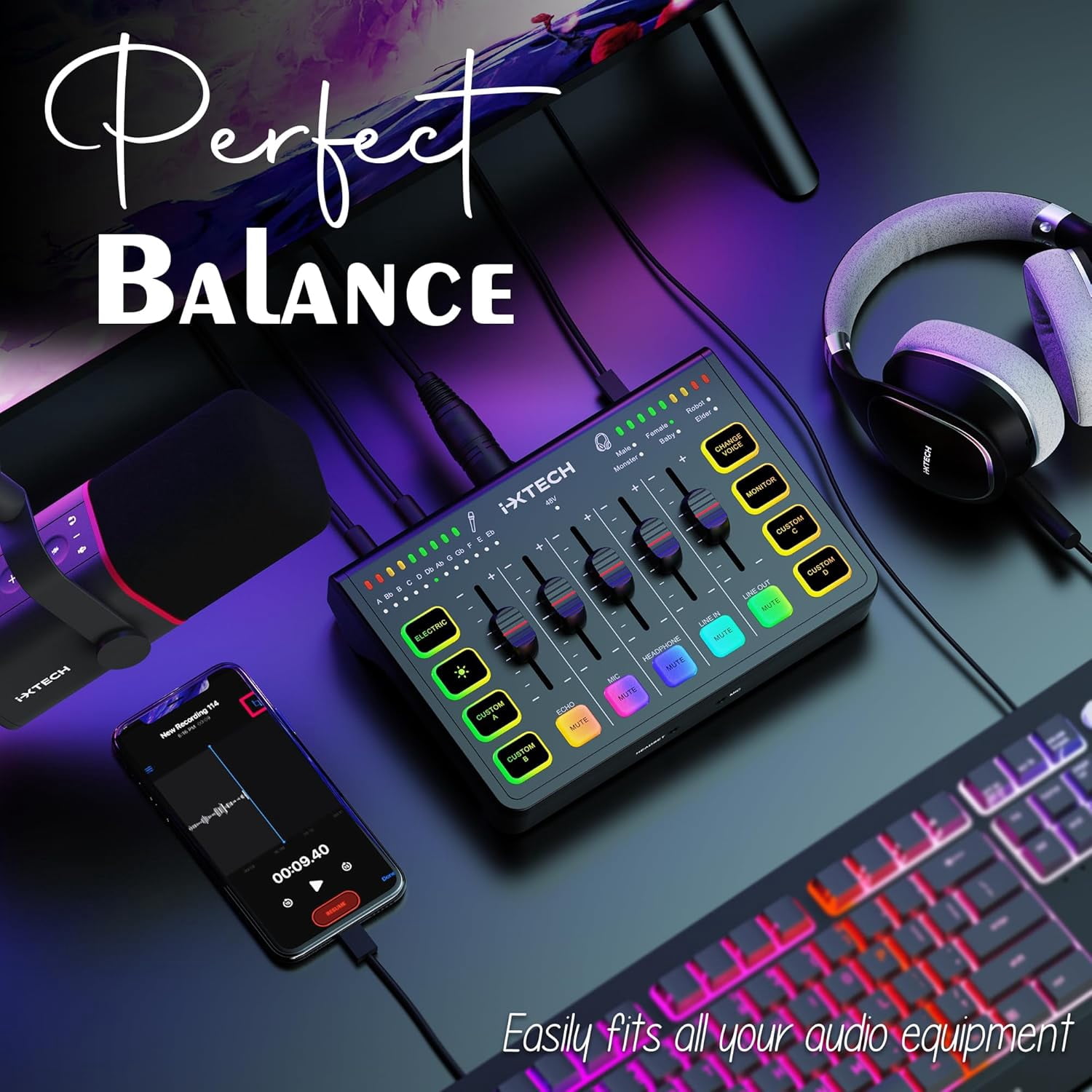 IXTECH Gaming Audio Mixer 4 Channel Soundboard, Streaming RGB PC Audio Interface with XLR Microphone Support, Audio Equalizer for Gaming Podcast Streaming Karaoke, Individual Volume Controls (Black)