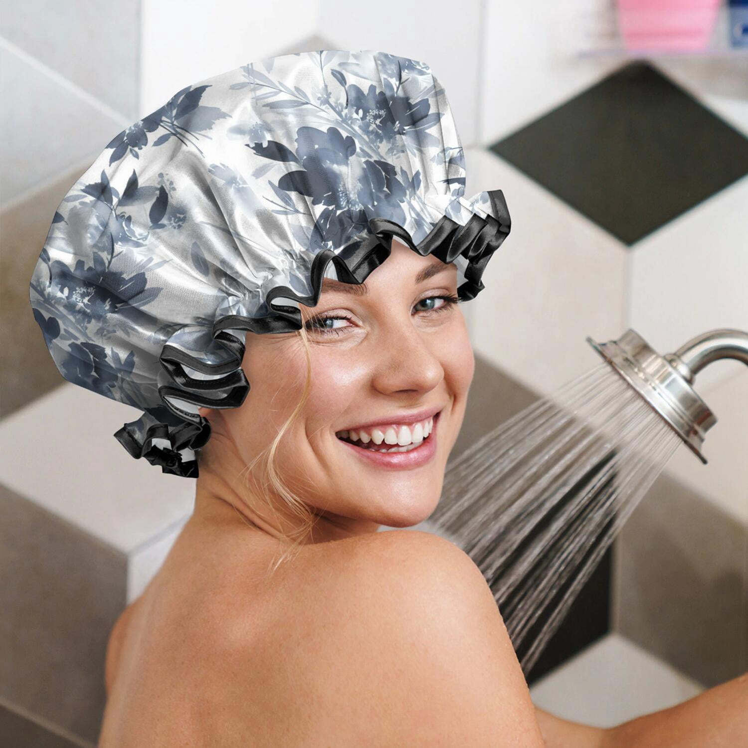 Shower Caps,Pioneer Flower Floral Print Pattern Waterproof Shower Cap for Women 4 Pieces,Double Reusable Hair Cover for Shower PEVA Elastic Stretch Hem