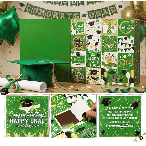 2026 Graduation Countdown Gift Box, 16 Day Surprise Box with Graduation-Themed Compartments, DIY Fillable Empty Gift Box for Graduates Green