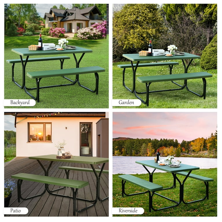 Costway Wooden Picnic Table Bench Set with Metal Frame for Costway Wooden Picnic Table Bench Set with Metal Frame for