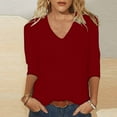 thumbnail image 2 of Women's 3/4 Sleeve Summer Tops Loose Soft Tee Shirt Solid Color Loose T-Shirt V-Neck Casual Blouse Tops Wine XL, 2 of 5